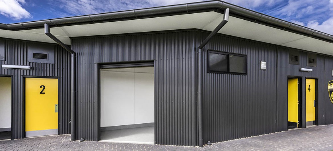 Exterior Sports Building Storage Unit with Corrugated Steel Cladding