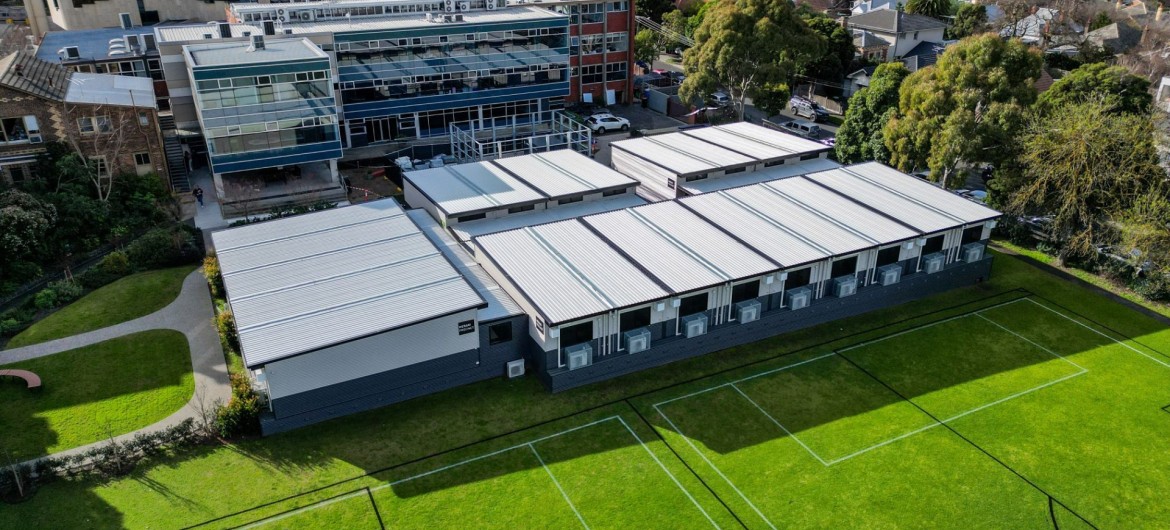 Aerial view of temporary classrooms